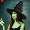 Damski zdejmowany plisowany wysoki kapelusz czarownicy z ostrym czubkiem, kapelusz w stylu gotyckiej Lolity z szerokim rondem i efektem marszczenia na Halloween, karnawał i bal maskowy.