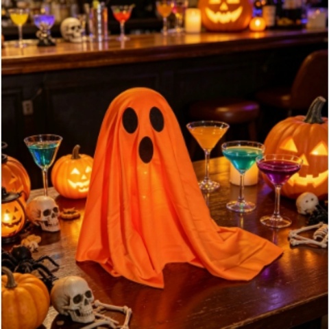 Dekoracja LED w kształcie ducha z kapeluszem wiedźmy, mistycznie świecąca rzeźba ducha, dekoracja na imprezę halloweenową do wnętrz.