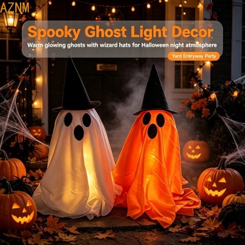 Dekoracja LED w kształcie ducha z kapeluszem wiedźmy, mistycznie świecąca rzeźba ducha, dekoracja na imprezę halloweenową do wnętrz.