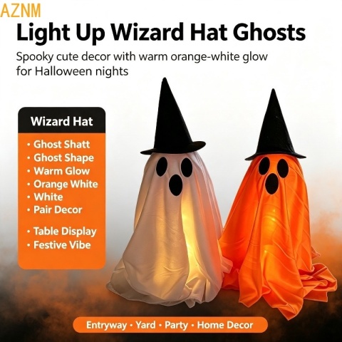 Dekoracja LED w kształcie ducha z kapeluszem wiedźmy, mistycznie świecąca rzeźba ducha, dekoracja na imprezę halloweenową do wnętrz.