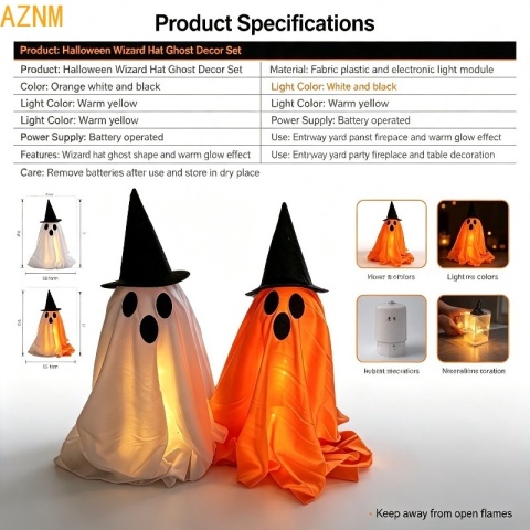 Dekoracja LED w kształcie ducha z kapeluszem wiedźmy, mistycznie świecąca rzeźba ducha, dekoracja na imprezę halloweenową do wnętrz.