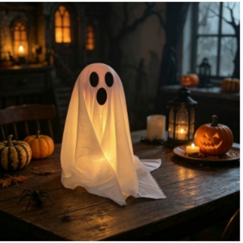 Dekoracja LED w kształcie ducha z kapeluszem wiedźmy, mistycznie świecąca rzeźba ducha, dekoracja na imprezę halloweenową do wnętrz.