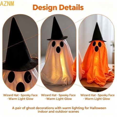 Dekoracja LED w kształcie ducha z kapeluszem wiedźmy, mistycznie świecąca rzeźba ducha, dekoracja na imprezę halloweenową do wnętrz.