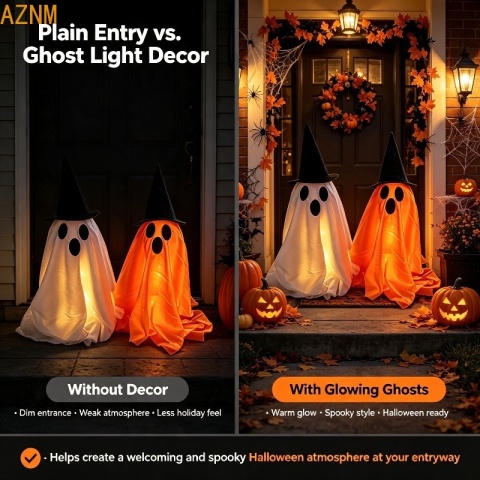 Dekoracja LED w kształcie ducha z kapeluszem wiedźmy, mistycznie świecąca rzeźba ducha, dekoracja na imprezę halloweenową do wnętrz.
