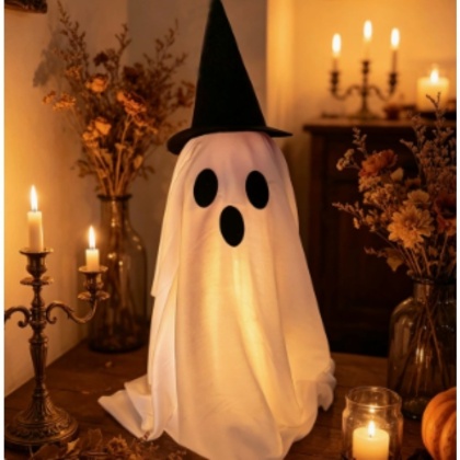 Dekoracja LED w kształcie ducha z kapeluszem wiedźmy, mistycznie świecąca rzeźba ducha, dekoracja na imprezę halloweenową do wnętrz.