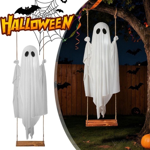 Duży wiszący duch o wysokości 4-6 stóp, dekoracja na Halloween w stylu horroru, biały duch z lampkami na sznurku, urocze ozdoby duchów na werandę i podwórko.