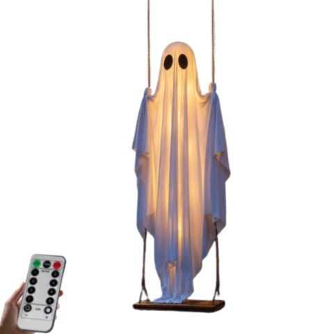 Duży wiszący duch o wysokości 4-6 stóp, dekoracja na Halloween w stylu horroru, biały duch z lampkami na sznurku, urocze ozdoby duchów na werandę i podwórko.