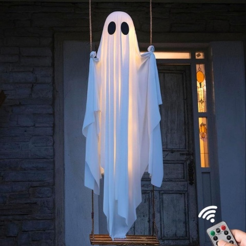 Duży wiszący duch o wysokości 4-6 stóp, dekoracja na Halloween w stylu horroru, biały duch z lampkami na sznurku, urocze ozdoby duchów na werandę i podwórko.