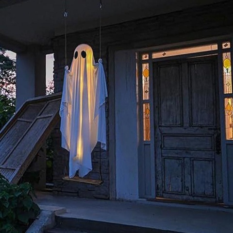 Duży wiszący duch o wysokości 4-6 stóp, dekoracja na Halloween w stylu horroru, biały duch z lampkami na sznurku, urocze ozdoby duchów na werandę i podwórko.