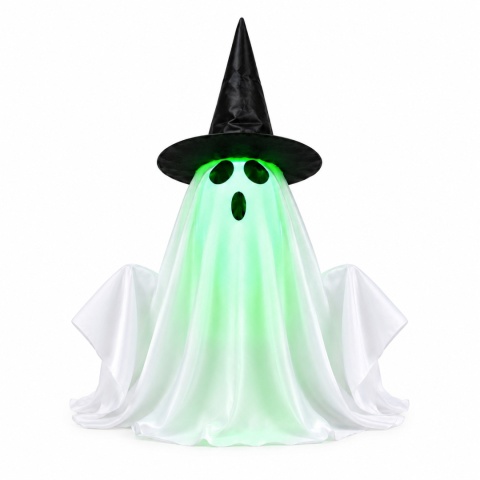 Halloweenowa zabawka duch z podświetlaną LED diodą, świecącą zieloną twarzą, reagująca na dotyk, automatycznie unoszący się duch z kapeluszem i dyniowym światłem, do dekoracji imprez i nawiedzonych domów.