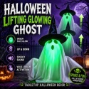 Halloweenowa zabawka duch z podświetlaną LED diodą, świecącą zieloną twarzą, reagująca na dotyk, automatycznie unoszący się duch z kapeluszem i dyniowym światłem, do dekoracji imprez i nawiedzonych domów.