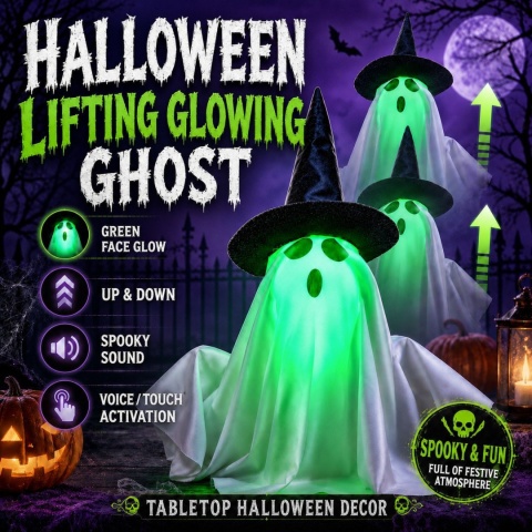 Halloweenowa zabawka duch z podświetlaną LED diodą, świecącą zieloną twarzą, reagująca na dotyk, automatycznie unoszący się duch z kapeluszem i dyniowym światłem, do dekoracji imprez i nawiedzonych domów.