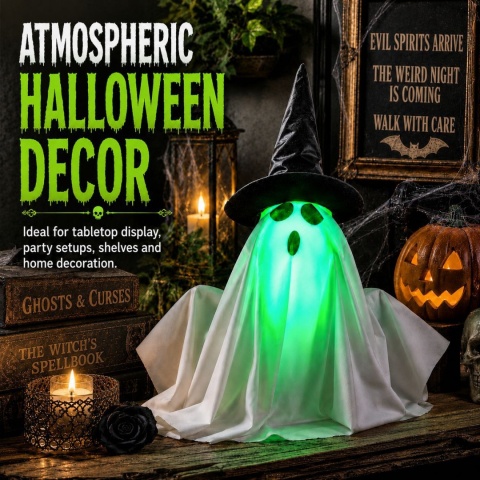 Halloweenowa zabawka duch z podświetlaną LED diodą, świecącą zieloną twarzą, reagująca na dotyk, automatycznie unoszący się duch z kapeluszem i dyniowym światłem, do dekoracji imprez i nawiedzonych domów.