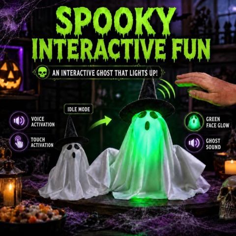 Halloweenowa zabawka duch z podświetlaną LED diodą, świecącą zieloną twarzą, reagująca na dotyk, automatycznie unoszący się duch z kapeluszem i dyniowym światłem, do dekoracji imprez i nawiedzonych domów.