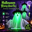 Halloweenowa zabawka duch z podświetlaną LED diodą, świecącą zieloną twarzą, reagująca na dotyk, automatycznie unoszący się duch z kapeluszem i dyniowym światłem, do dekoracji imprez i nawiedzonych domów.