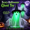 Halloweenowa zabawka duch z podświetlaną LED diodą, świecącą zieloną twarzą, reagująca na dotyk, automatycznie unoszący się duch z kapeluszem i dyniowym światłem, do dekoracji imprez i nawiedzonych domów.