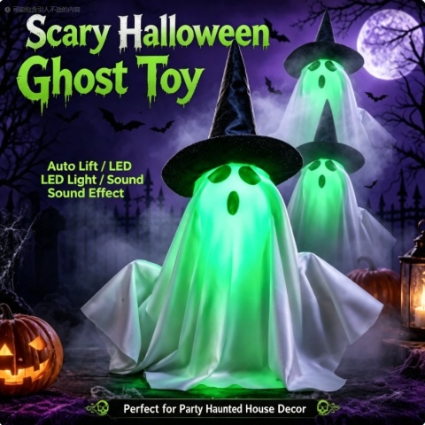 Halloweenowa zabawka duch z podświetlaną LED diodą, świecącą zieloną twarzą, reagująca na dotyk, automatycznie unoszący się duch z kapeluszem i dyniowym światłem, do dekoracji imprez i nawiedzonych domów.