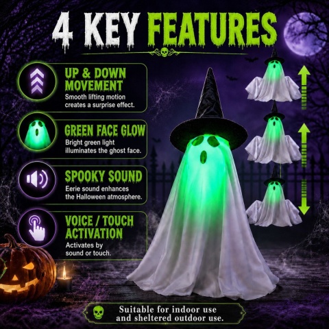 Halloweenowa zabawka duch z podświetlaną LED diodą, świecącą zieloną twarzą, reagująca na dotyk, automatycznie unoszący się duch z kapeluszem i dyniowym światłem, do dekoracji imprez i nawiedzonych domów.