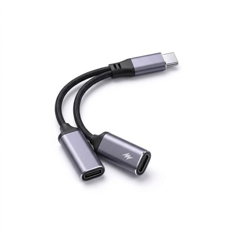 Adapter AUX 2w1 USB C (męski) do USB C (żeński) / USB C (żeński) Blue Star czarny [DAC] - ładowanie do 25W