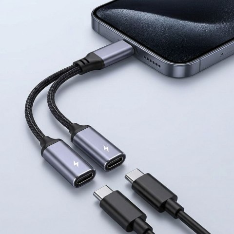 Adapter AUX 2w1 USB C (męski) do USB C (żeński) / USB C (żeński) Blue Star czarny [DAC] - ładowanie do 25W