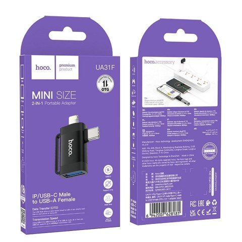 Adapter OTG 2w1 USB C / Lightning do USB A Hoco UA31F czarny