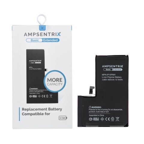 AmpSentrix Basic bateria do iPhone 15 Pro Max (zwiększona pojemność 4850 mAh)