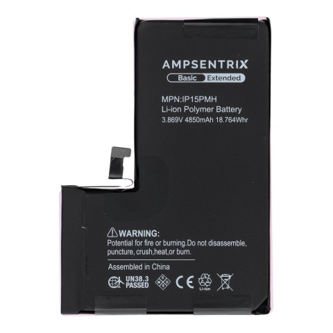 AmpSentrix Basic bateria do iPhone 15 Pro Max (zwiększona pojemność 4850 mAh)