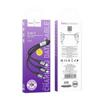 Kabel 3w1 USB A do Lightning / Micro USB / USB C Hoco 2,4A 1 m X102 czarny