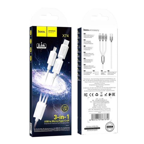Kabel 3w1 USB A do Lightning / Micro USB / USB C Hoco 2A 1 m X74 biały