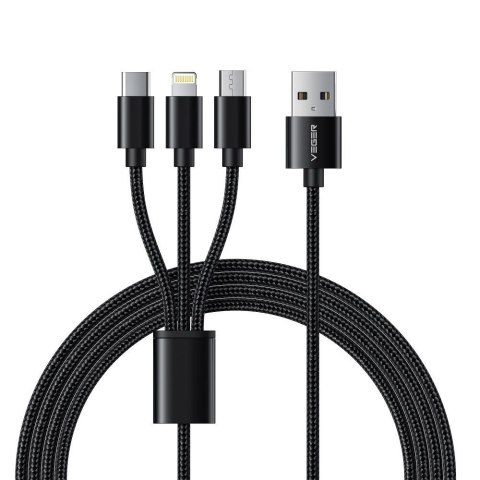 Kabel 3w1 USB A do Lightning / Typ C / Micro USB VEGER 2,4A 18W V303 1,5 m czarny