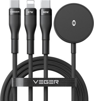 Kabel 3w1 USB C do Lightning / Typ C / iWatch/SAM Watch VEGER 3A 92W V730 1,5 m czarny
