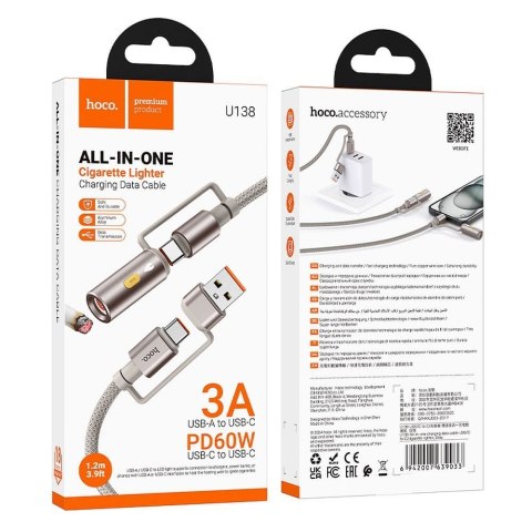 Kabel All-in-one USB A / USB C do USB C / Zapalniczka samochodowa Hoco 3A 60W 1,2 m U138 szary