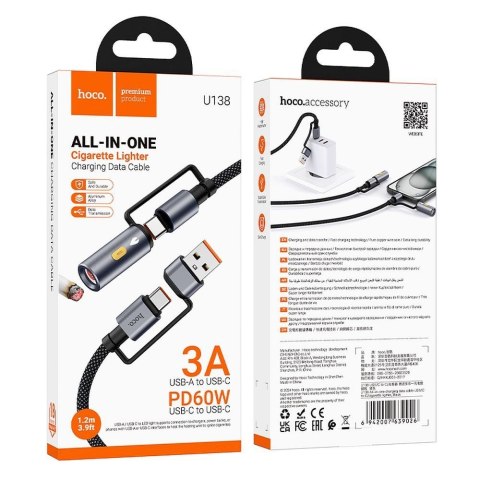 Kabel All-in-one USB A / USB C do USB C / zapalniczka samochodowa Hoco 3A 60W 1,2 m U138 czarny