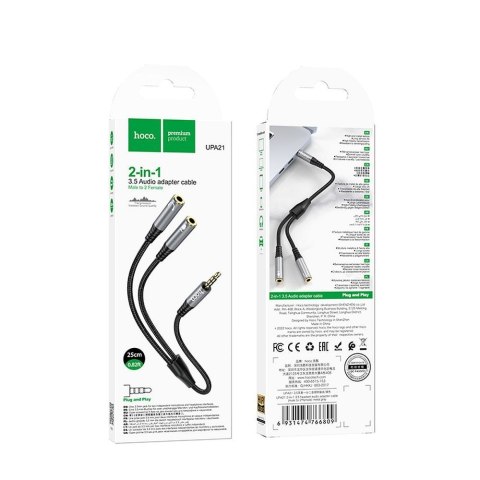 Kabel AUX 2w1 Jack 3,5 mm (męski) do 2 x Jack 3,5 mm (żeński) Hoco 0,25 m UPA21 szary (SC)