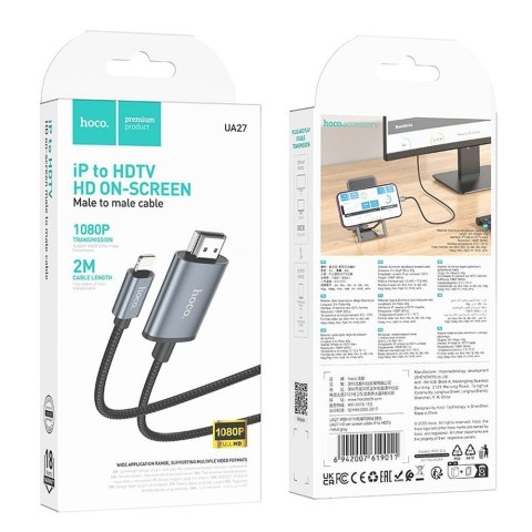 Kabel Lightning do HDMI Hoco 1080p 2 m UA27 stalowy szary