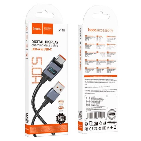 Kabel USB A do USB C Hoco 5A z wyświetlaczem 1 m X118 czarny