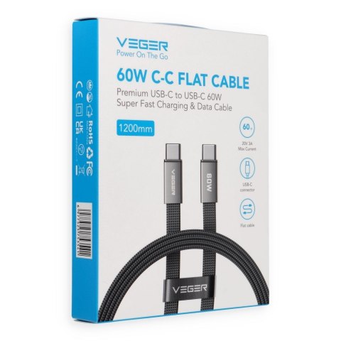 Kabel płaski USB C do USB C VEGER PD 3A 60W 1,2 m CC06-MTB czarny