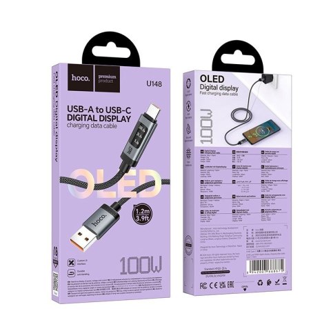Kabel USB A do USB C Hoco PD 6A 100W 1,2m z wyświetlaczem U148 czarny