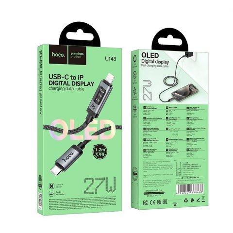 Kabel USB C do Lightning Hoco PD 27W 1,2 m z wyświetlaczem U148 czarny