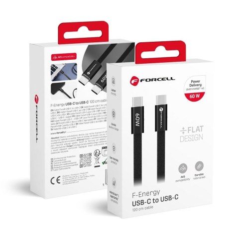 Kabel USB C do USB C Forcell F-Energy QC4.0 PD 3A 60W Cafule Flat 1,2 m CCFN23 czarny