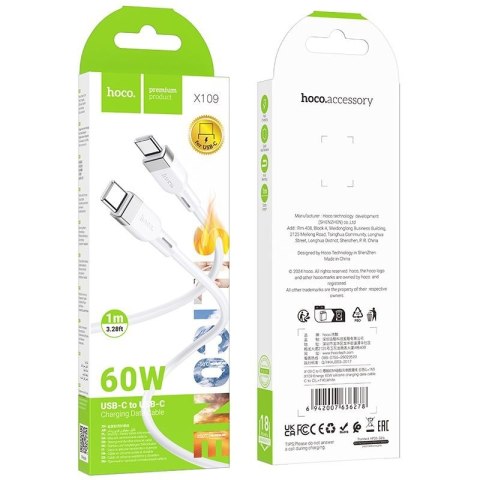 Kabel USB C do USB C Hoco 3A 60W Silikonowy 1 m X109 biały