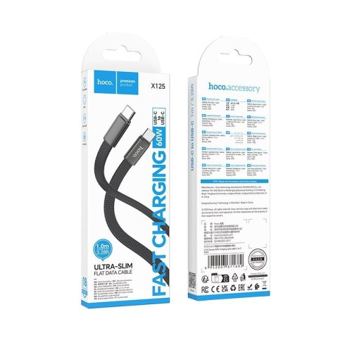 Kabel USB C do USB C Hoco 3A 60W płaski 1 m X125 czarny