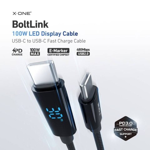 Kabel USB X-ONE BoltLink LED Display - typ C do C max 100W 1,5m czarny