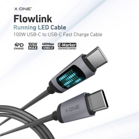 Kabel USB X-ONE FlowLink Running LED - typ C do C max 100W 1,2m czarny