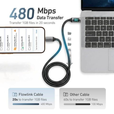 Kabel USB X-ONE FlowLink Running LED - typ C do C max 100W 1,2m czarny