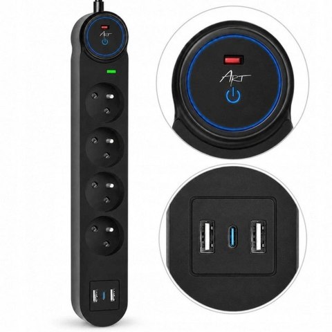 Listwa zasilająca 4 gniazda + 2 x USB A + USB C Art FU810 1,5 m czarna