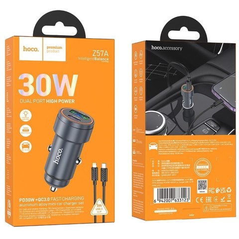 Ładowarka samochodowa Hoco USB A + USB C QC3.0 PD 30W + kabel USB C do Lightning Z57A czarna