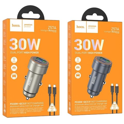 Ładowarka samochodowa Hoco USB A + USB C QC3.0 PD 30W + kabel USB C do Lightning Z57A czarna