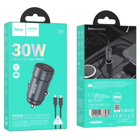 Ładowarka samochodowa Hoco USB C QC3.0 PD 30W + kabel USB C do Lightning Z57 szara