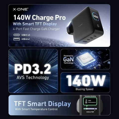 Ładowarka sieciowa X-ONE ChargeGo GaN 65W ze zwijanym kablem USB C i portem typ C - czarna